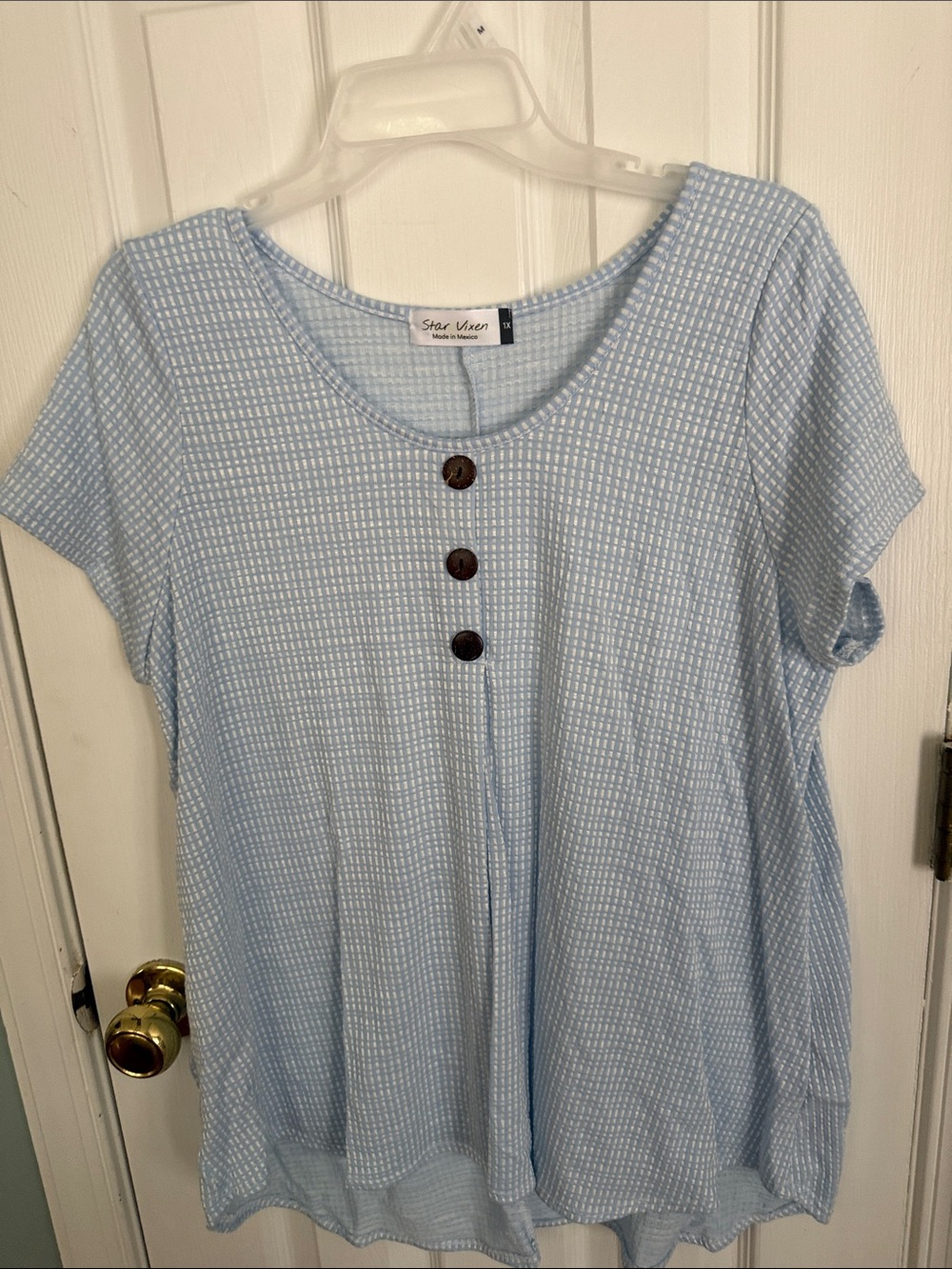 Star Vixen Pale Blue Short Sleeve Button Detail Top